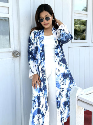 Ocean Mist - Blue & White Tie-Dye Elegant Long Shrug for wmen. can be style in vacation,tour,outting or more places. Buy long shrug from Trendy Buzz.