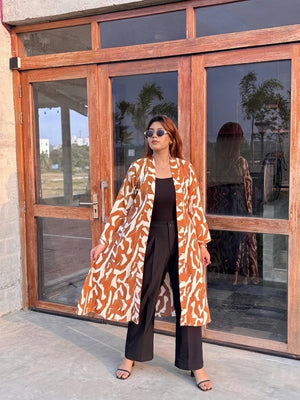 Honey Beige Long Shrug - Elegant Printed Front-Open Statement Layer for Women. Best western fit in bd. long Shrug that can be style with formal pant and tank top available on Trendy Buzz.