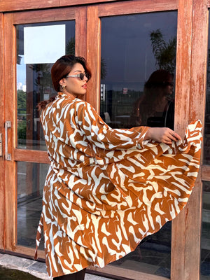 Honey Beige Long Shrug - Elegant Printed Front-Open Statement Layer for Women. Best western fit in bd. long Shrug that can be style with formal pant and tank top available on Trendy Buzz.
