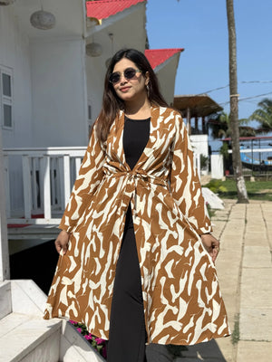 Honey Beige Long Shrug - Elegant Printed Front-Open Statement Layer for Women. Best western fit in bd. long Shrug that can be style with formal pant and tank top available on Trendy Buzz.
