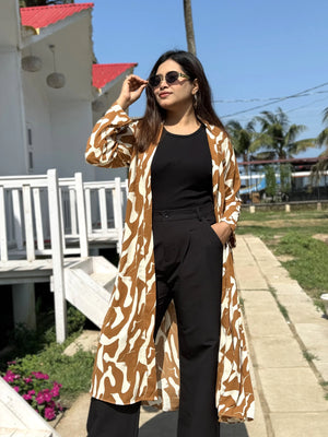 Honey Beige Long Shrug - Elegant Printed Front-Open Statement Layer for Women. Best western fit in bd. long Shrug that can be style with formal pant and tank top available on Trendy Buzz.