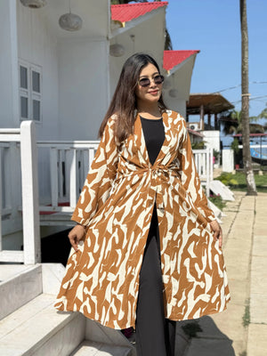 Honey Beige Long Shrug - Elegant Printed Front-Open Statement Layer for Women. Best western fit in bd. long Shrug that can be style with formal pant and tank top available on Trendy Buzz.