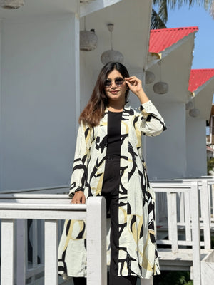 Golden Ivory Long Shrug – Abstract Elegance Printed Premium Layer for Women. Best western Fit that can be used as vacation fits, office days, summer hot days or more.Trendy Buzz.