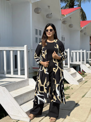 Earthline Black Printed Long Shrug – Premium Abstract Statement Layer for Women that can be used for Vacation days,Office busy days or Uni Fits in BD. Long Shrug that Defines your beauty. Trendy Buzz.