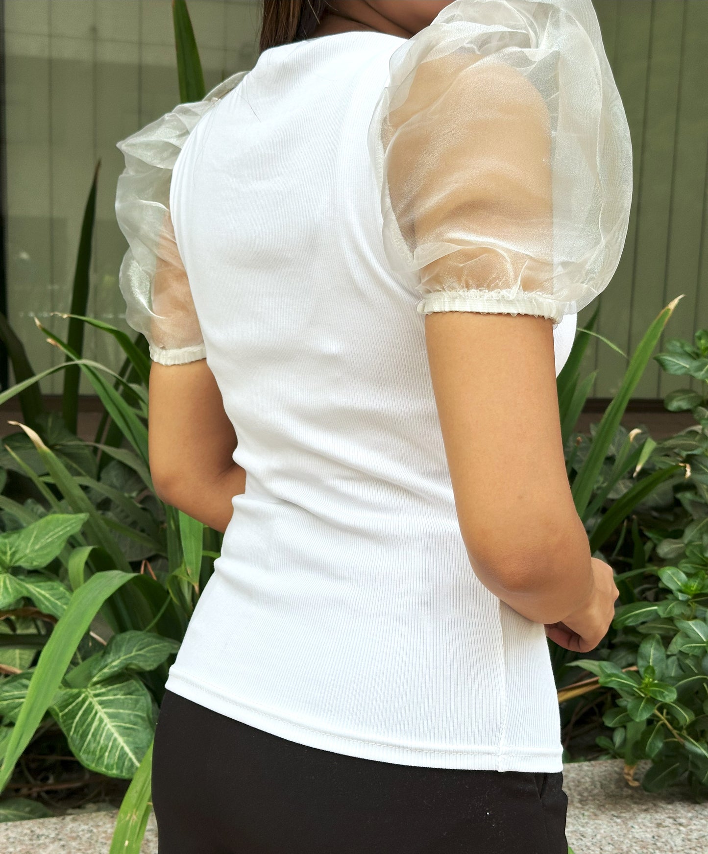 Mesh Puffy Sleeve Tops || White