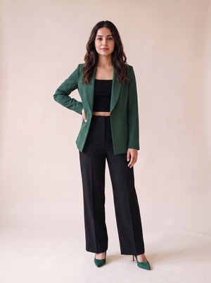 Women's 1 button solid green blazer with structured silhouette. trendy buzz bd.