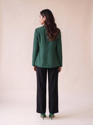 Women's 1 button solid green blazer with structured silhouette. trendy buzz bd.