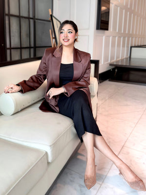 woman wearing choco brown satin party blazer trendy buzz