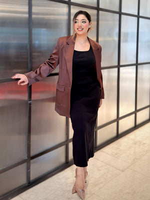woman wearing choco brown satin party blazer trendy buzz