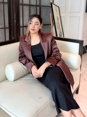 woman wearing choco brown satin party blazer trendy buzz