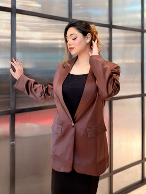 woman wearing choco brown satin party blazer trendy buzz