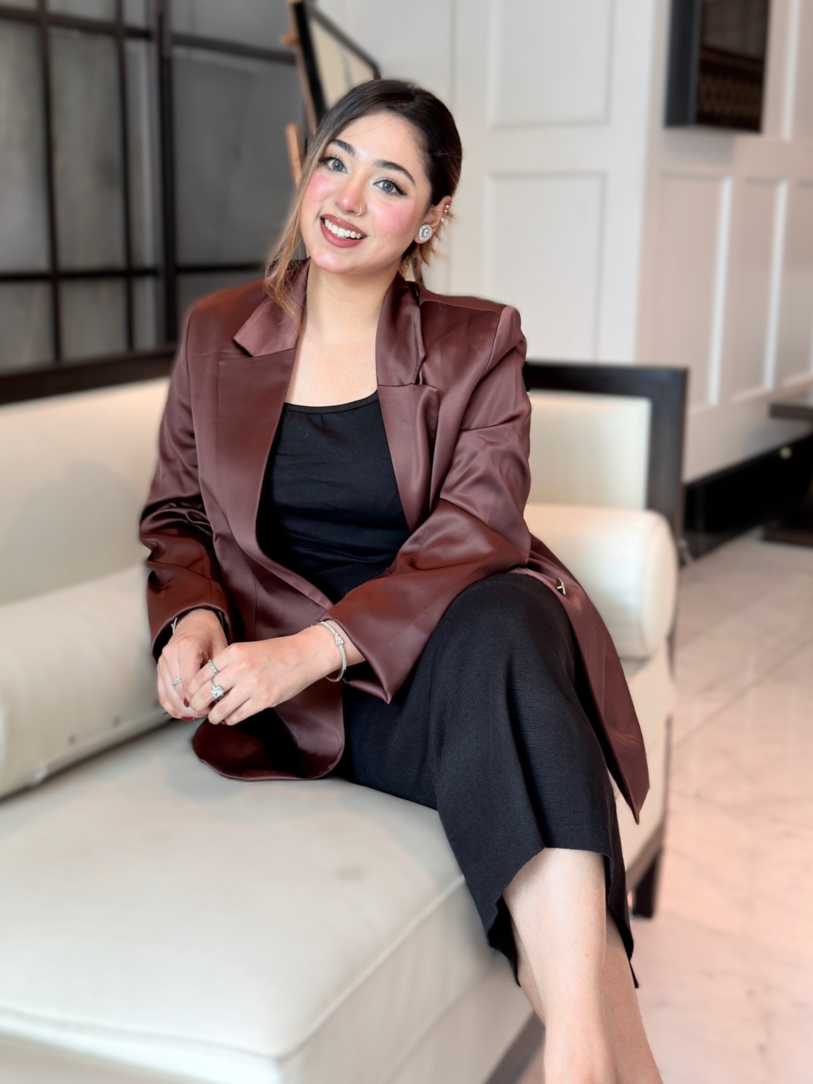 woman wearing choco brown satin party blazer trendy buzz