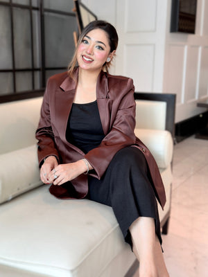 woman wearing choco brown satin party blazer trendy buzz