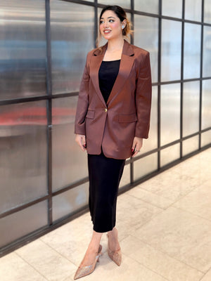 woman wearing choco brown satin party blazer trendy buzz
