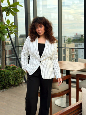 Women’s white pinstripe linen blazer with black stripes and front pockets