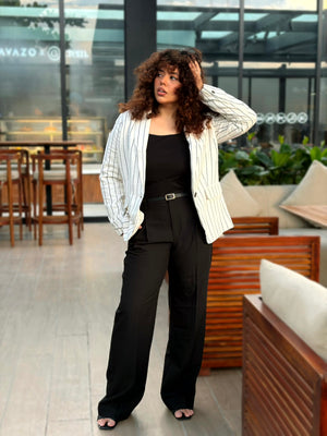 Women’s white pinstripe linen blazer with black stripes and front pockets