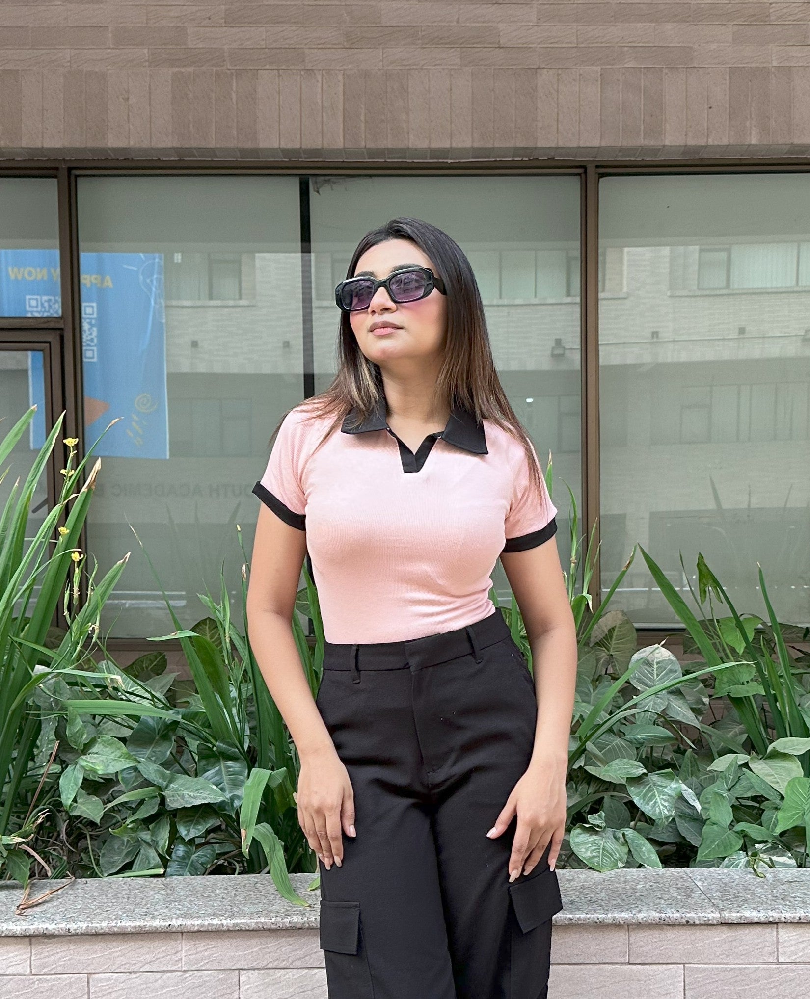 Contrast Polo T-Shirt || Pink