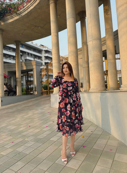 Midi Gown with Shrug Set || Koti Gown Set || Shrug + Midi || Deep Blue Floral
