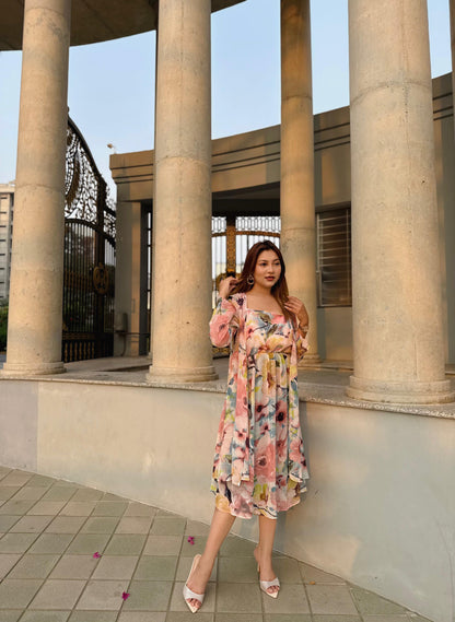 Midi Gown with Shrug Set || Koti Gown Set || Shrug + Midi || Pink Floral