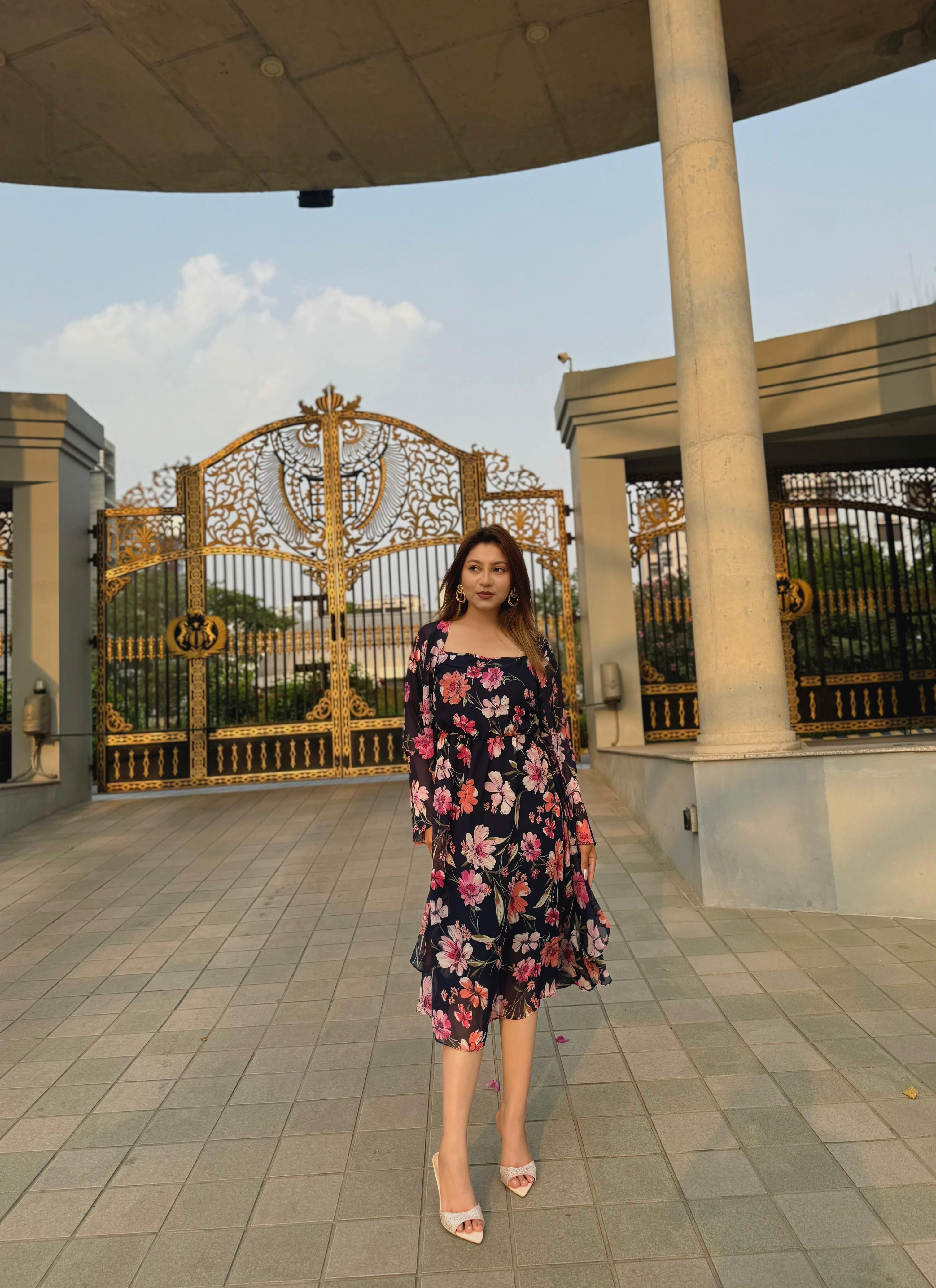 Midi Gown with Shrug Set || Koti Gown Set || Shrug + Midi || Deep Blue Floral