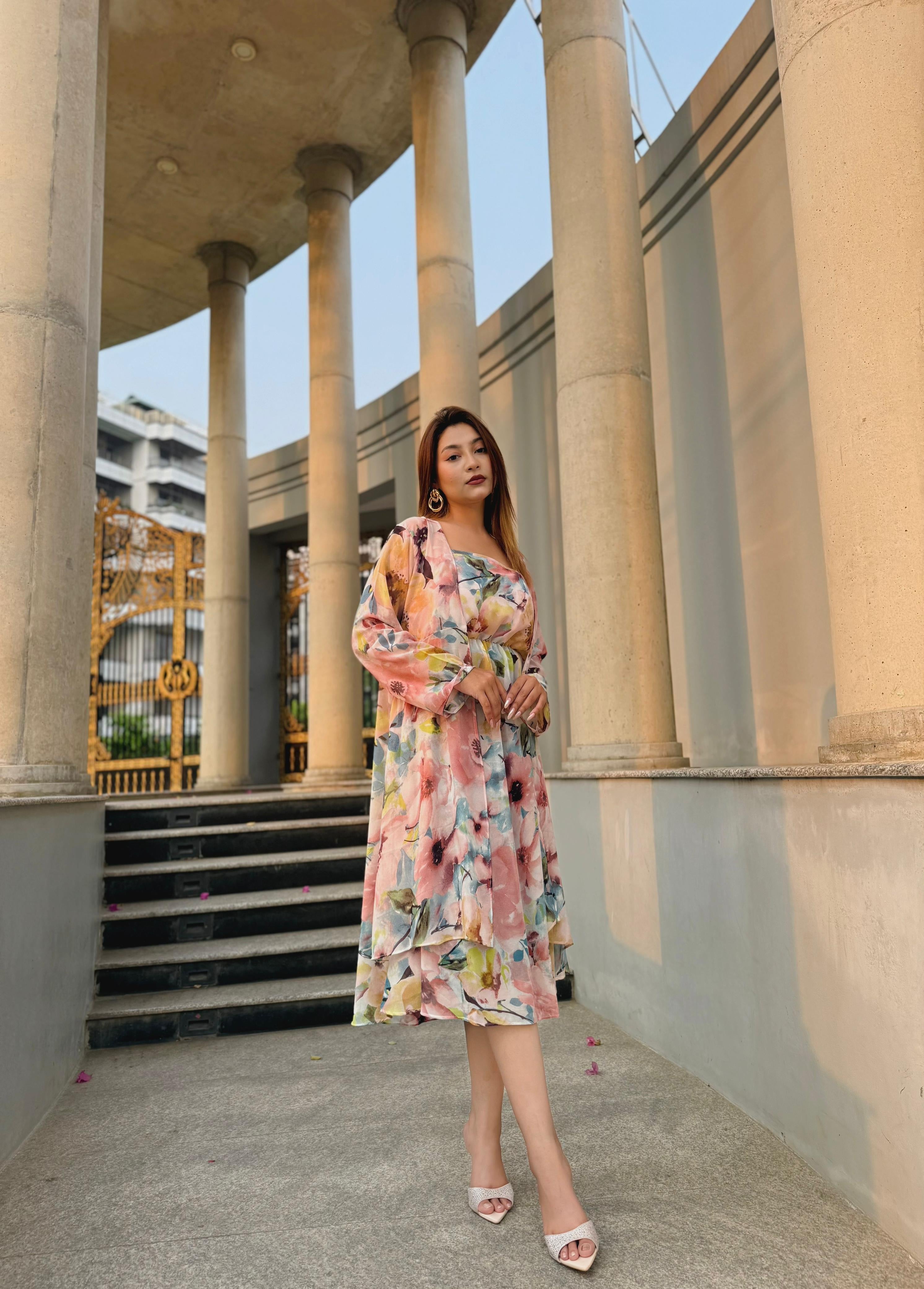 Midi Gown with Shrug Set || Koti Gown Set || Shrug + Midi || Pink Floral