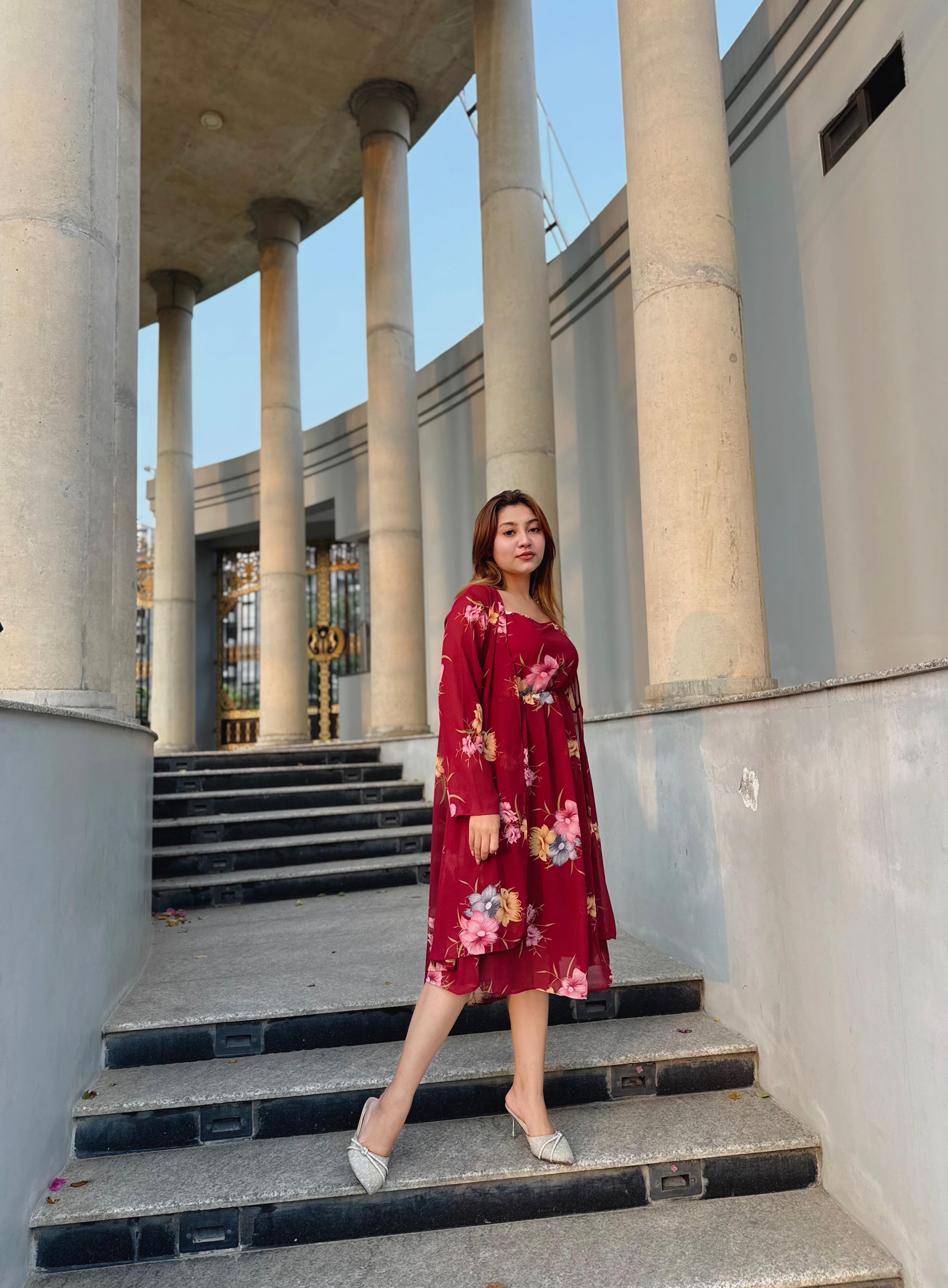 Midi Gown with Shrug Set || Koti Gown Set || Shrug + Midi || Maroon Floral