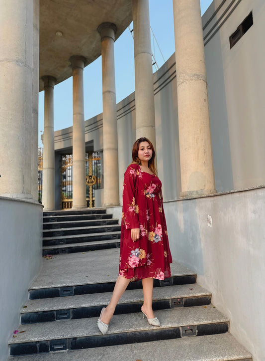 Midi Gown with Shrug Set || Koti Gown Set || Shrug + Midi || Maroon Floral