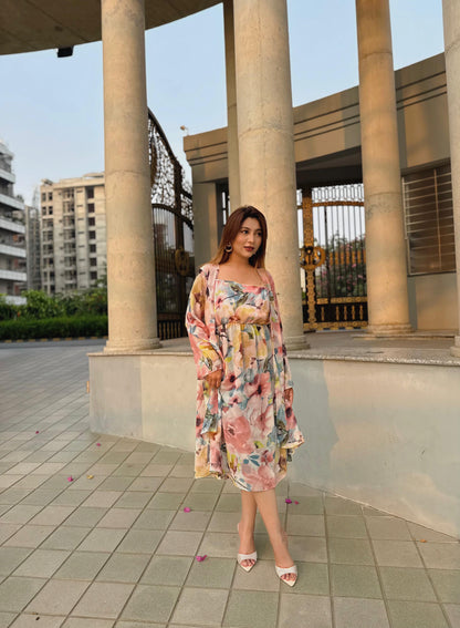 Midi Gown with Shrug Set || Koti Gown Set || Shrug + Midi || Pink Floral