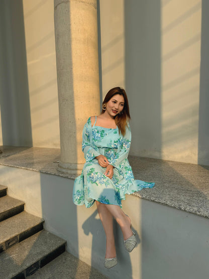 Midi Gown with Shrug Set || Koti Gown Set || Shrug + Midi || Sky