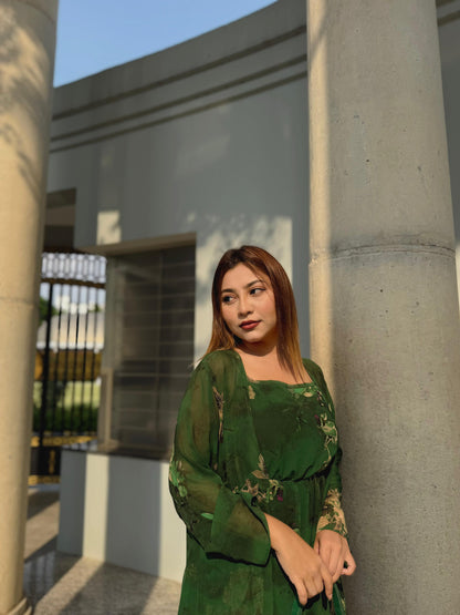 Midi Gown with Shrug Set || Koti Gown Set || Long Shrug With Midi || Green