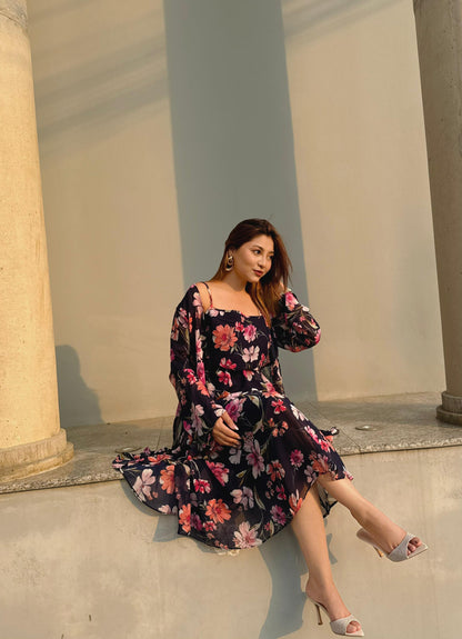 Midi Gown with Shrug Set || Koti Gown Set || Shrug + Midi || Deep Blue Floral