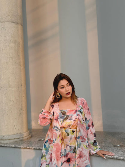 Midi Gown with Shrug Set || Koti Gown Set || Shrug + Midi || Pink Floral