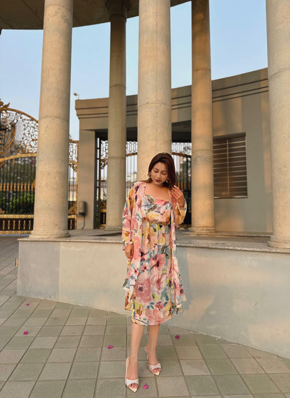 Midi Gown with Shrug Set || Koti Gown Set || Shrug + Midi || Pink Floral