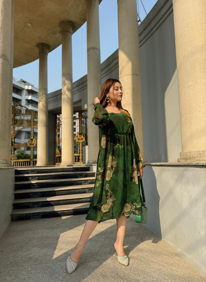 Midi Gown with Shrug Set || Koti Gown Set || Long Shrug With Midi || Green