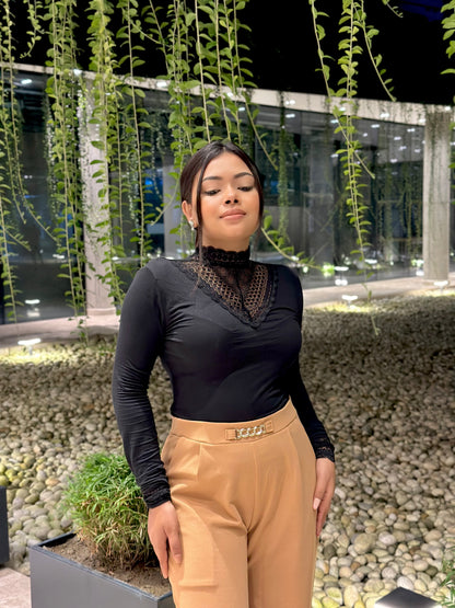 Women’s Black High Neck Lace Tee | Stylish Slim Fit Casual Wear