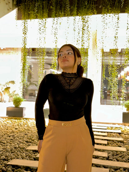 Women’s Black High Neck Lace Tee | Stylish Slim Fit Casual Wear