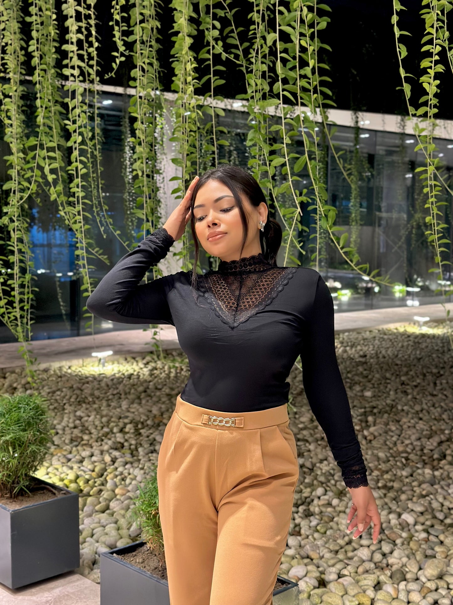 Women’s Black High Neck Lace Tee | Stylish Slim Fit Casual Wear