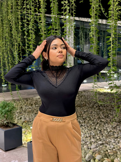 Women’s Black High Neck Lace Tee | Stylish Slim Fit Casual Wear