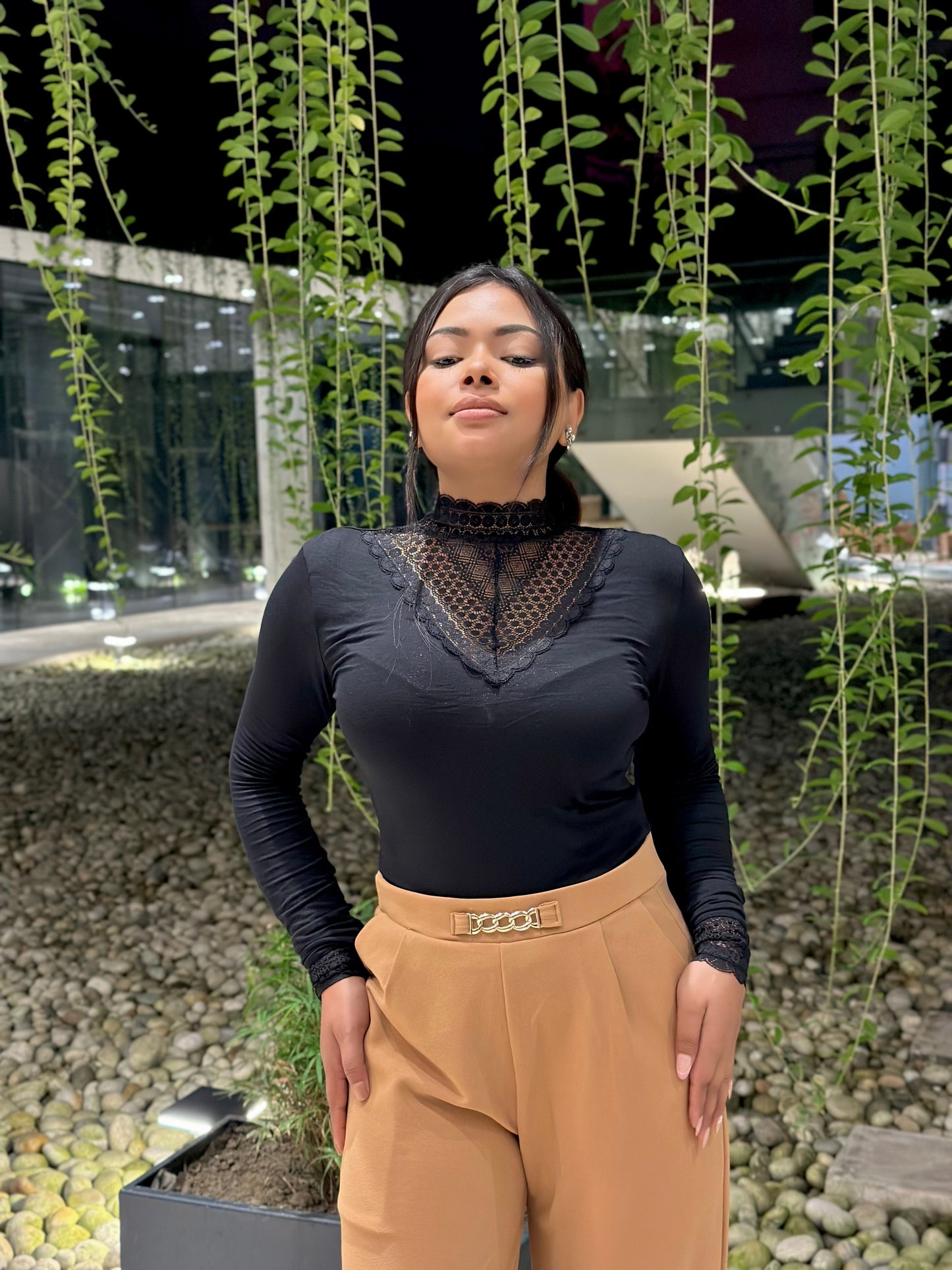 Women’s Black High Neck Lace Tee | Stylish Slim Fit Casual Wear