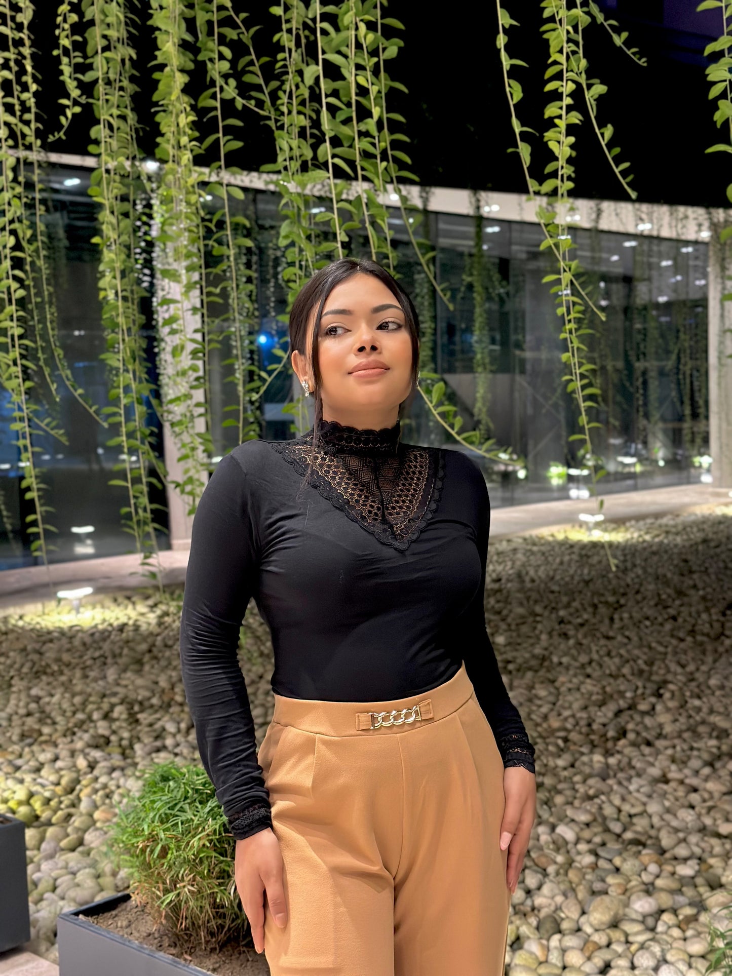 Women’s Black High Neck Lace Tee | Stylish Slim Fit Casual Wear