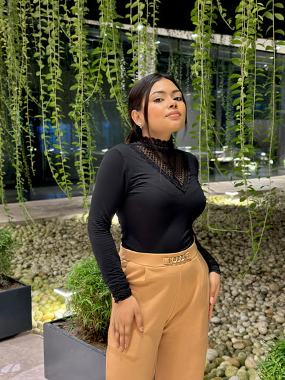 Women’s Black High Neck Lace Tee | Stylish Slim Fit Casual Wear