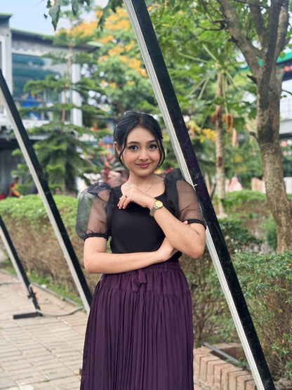 Mesh Puffy Sleeve Tops || Black