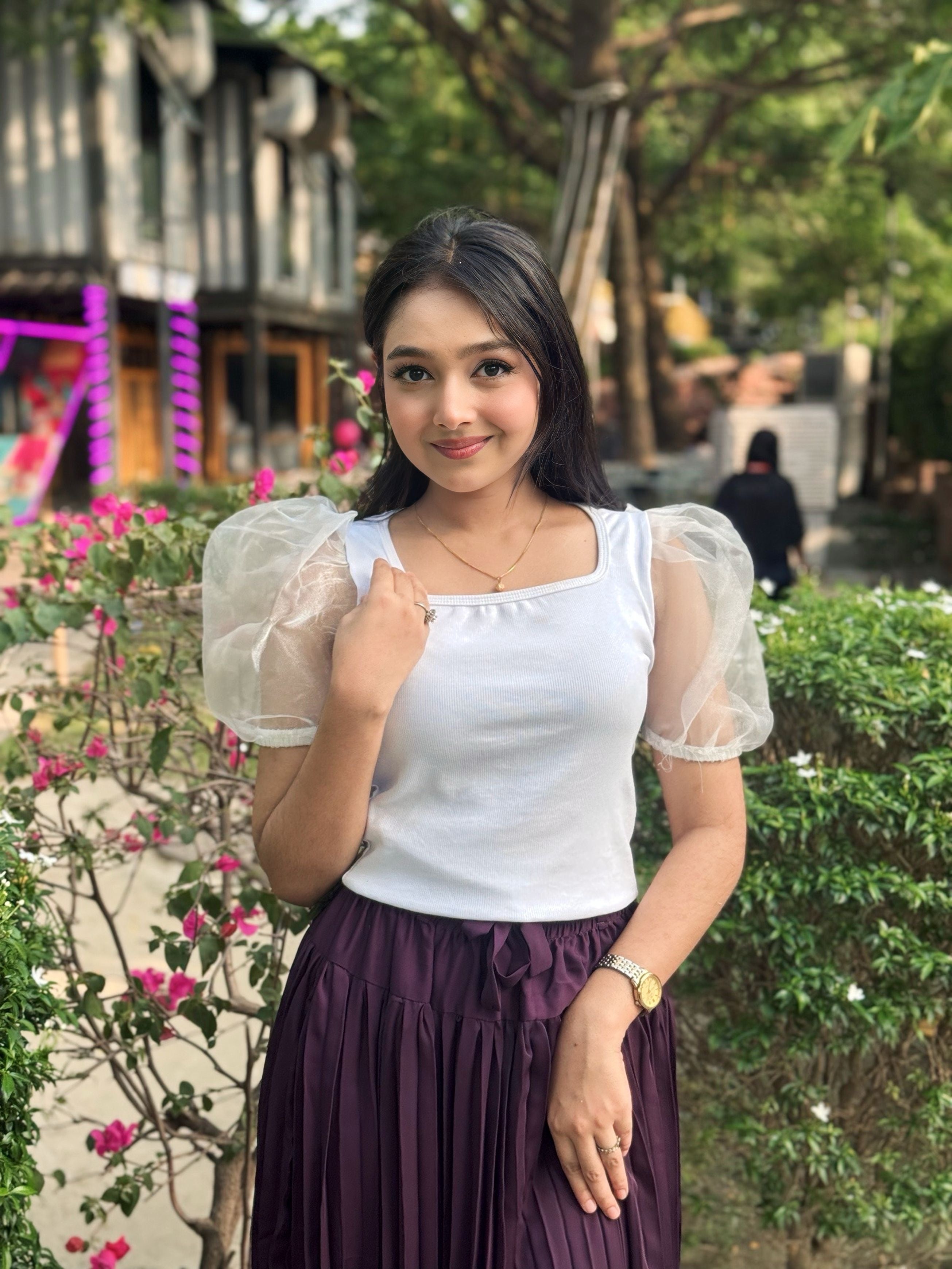 Mesh Puffy Sleeve Tops || White