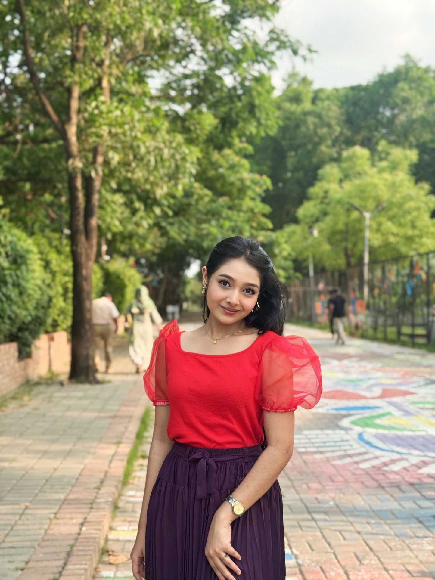 Mesh Puffy Sleeve Tops || Red