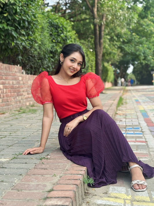 Mesh Puffy Sleeve Tops || Red