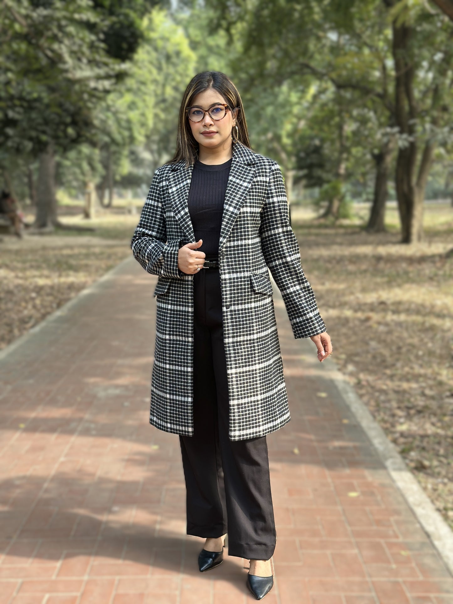 Heavy Winter Check Overcoat in Black