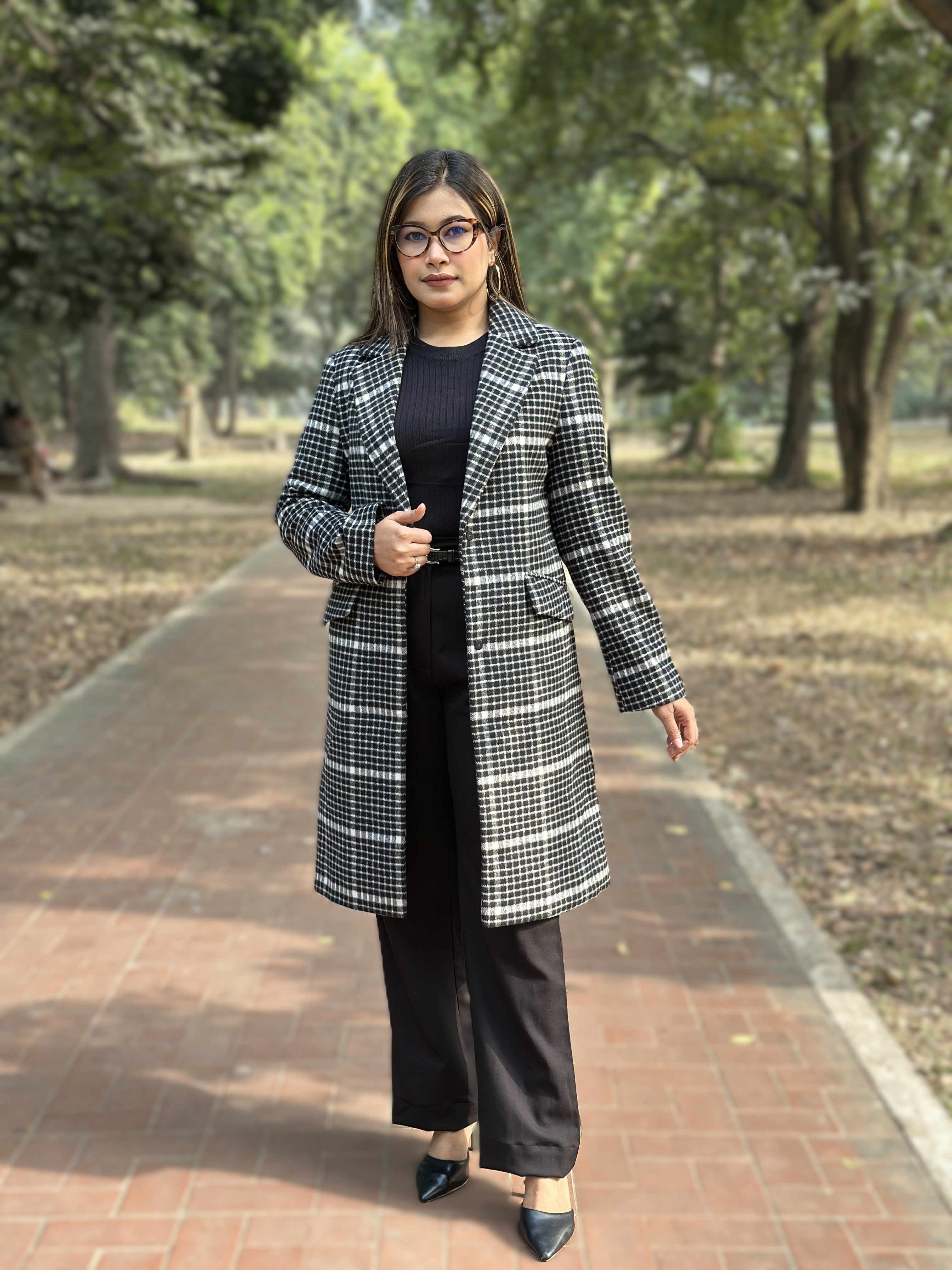 Heavy Winter Check Overcoat in Black