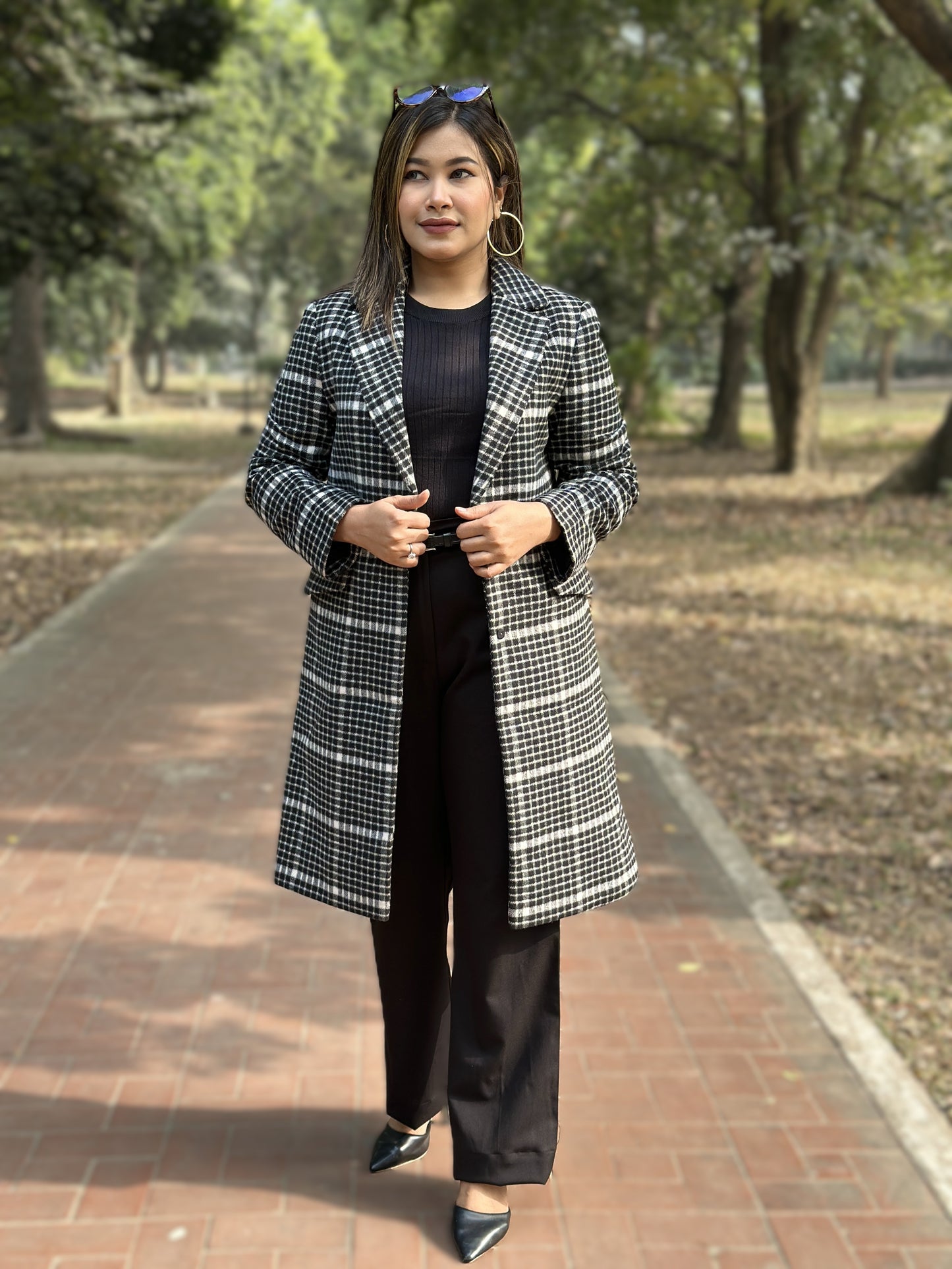 Heavy Winter Check Overcoat in Black