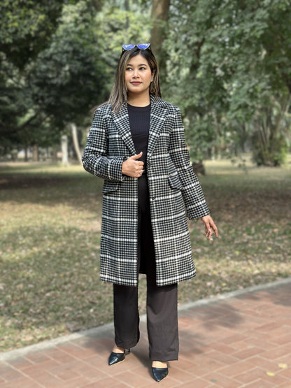 Heavy Winter Check Overcoat in Black