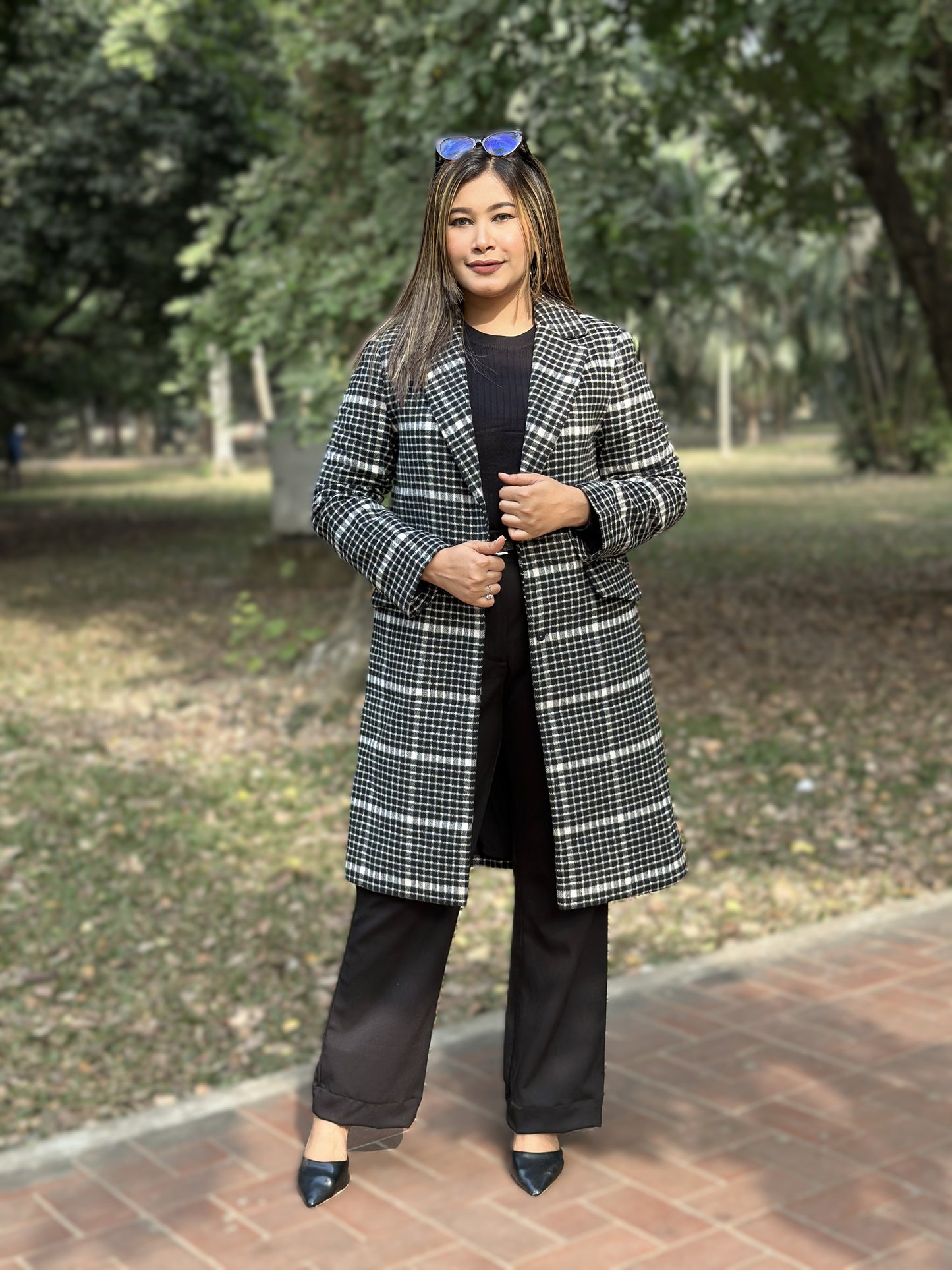 Heavy Winter Check Overcoat in Black